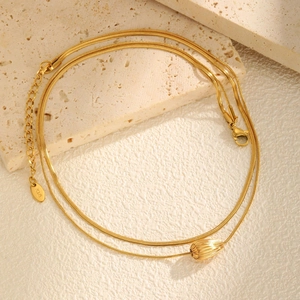 18K gold plated double layer necklace with olive shaped striped beads and K18 hallmark