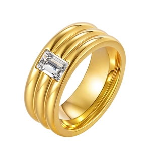 Polished gold-plated triple-band ring featuring a central rectangular white zircon stone