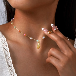 Summer Beach Ocean Style Stainless Steel Gold Conch Pendant Necklace With Colorful Beads For Women Bohemian Jewelry Gift