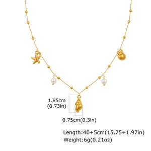 Détail du collier océan doré 18K avec étoile de mer, coquillages, perles et dimensions