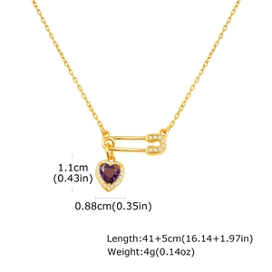 Golden paperclip necklace with purple heart gemstone and white zircon accents