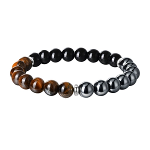 Men's natural tiger eye and obsidian beaded bracelet with metallic hematite accents
