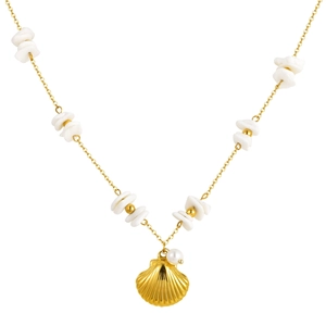 Golden ocean necklace with white shell beads and a refined seashell pearl pendant