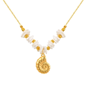 Collier en acier inoxydable doré 18K avec pendentif nautile et éclats de coquillages