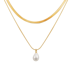 Double-layered gold necklace set with flat snake chain and teardrop pearl pendant