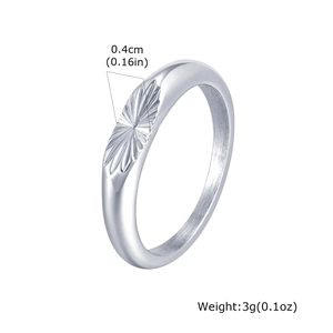 Detail showing 0.4cm width and 3g weight of silver oval ring with sunburst texture