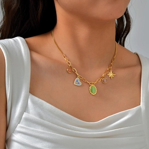 Gold stainless steel chain necklace with colorful enamel heart and gemstone charms