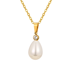 French vintage style stainless steel necklace with teardrop pearl and zircon pendant