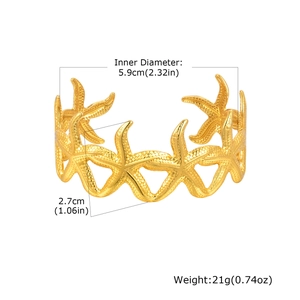 Detailed size specifications for gold starfish cuff bracelet showing dimensions and weight