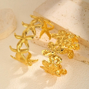 Stainless Steel Starfish Flower Open Bangle For Women Gold Ocean Style Irregular Pleated Cuff Bracelet Summer Vacation Jewelry