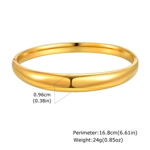 Detail showing 0.96cm width and 16.8cm circumference of the gold stainless steel bangle