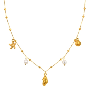 Collier en acier inoxydable doré 18 carats avec breloques d'étoile de mer et perles