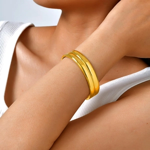 Minimalist 18K gold plated double layer wide open bangle with polished mirror finish