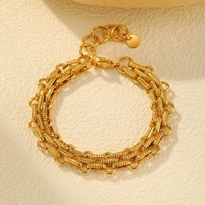 Unisex Stainless Steel Triple Row Textured Bar Link Bracelet Gold Embossed Industrial Retro Fashion Jewelry With Extension Chain