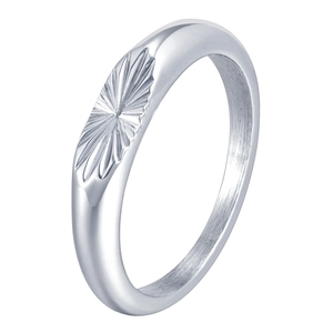 Polished stainless steel oval signet ring for men featuring sunburst engraved patterns