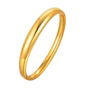 Polished 18K gold plated stainless steel bangle with hidden clasp on white background