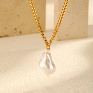 Französisches Retro Edelstahl Vergoldet Panzerkette Halskette Mit Faux Künstliche Barockperle Anhänger Für Damen Vintage Schmuck