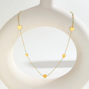 Collier Pendentif Cœur En Acier Inoxydable Pour Femmes Plaqué Or Perles Bleues Chaîne De Clavicule Simple Bijoux Cadeau