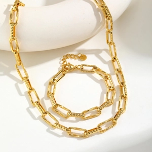 Golden stainless steel jewelry set with embossed rectangular links and fine textures