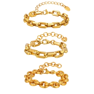 Three elegant 18K gold plated stainless steel chain bracelets with heart charm