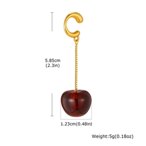 Detail view of cherry earrings with dimensions showing 5.85cm length and red pendant