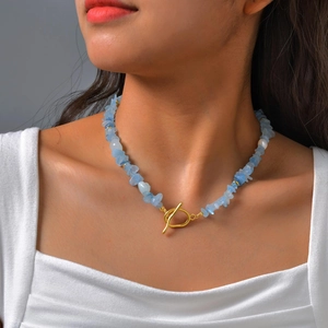 Collier en Pierre Naturelle Aigue-marine Acier Inoxydable Or Fermoir OT Perle Artificielle Chaîne Femme Bijoux Mode