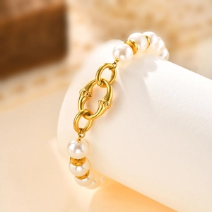 Bracelet Künstliche Perle d'imitation Vintage Français Femmes Acier Inoxydable Maillons Ovales Or Élégant Bijoux Quotidien