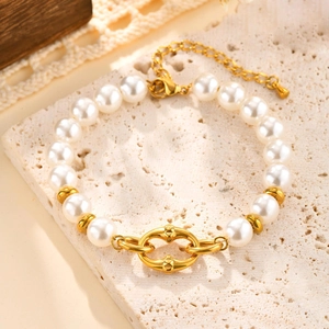 Bracelet de perles vintage français avec rivets ovales dorés et maillons en acier inoxydable