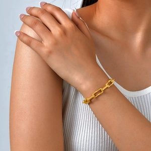 Fashionable gold stainless steel rectangular link chain bracelet worn by a model
