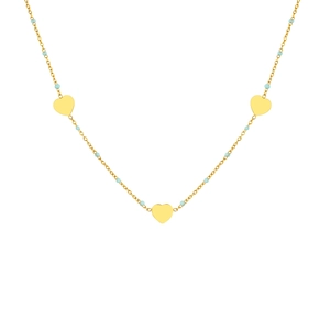 Collier doré avec trois pendentifs en forme de cœur et des perles bleu clair pour femmes