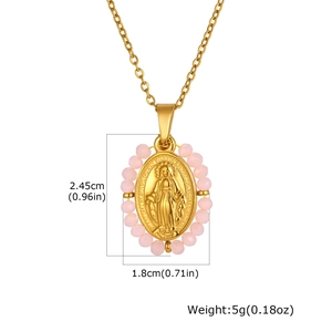Detailed view of gold oval Virgin Mary pendant size 2.45cm by 1.8cm with pink beads