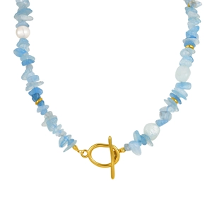 Collier en aigue-marine fait main avec perle d'eau douce et fermoir à bascule doré