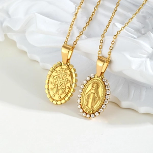 Classic gold stainless steel religious Virgin Mary and cross oval pendant necklaces