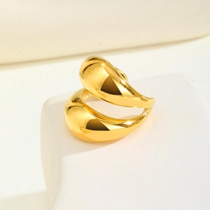 Bague ouverte double couche en acier inoxydable plaqué or 18K avec forme fluide organique