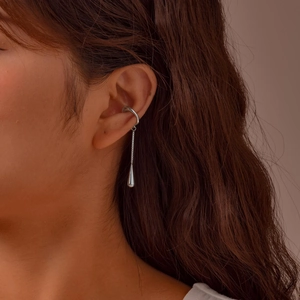 Minimalist stainless steel ear cuff with long chain and solid water drop pendant for women