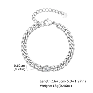 Detail view of silver curb chain bracelet with single round zircon and size specifications