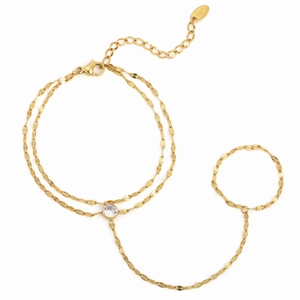Double-layered golden stainless steel finger bracelet with zircon and K18 stamp