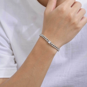 Hip Hop Stainless Steel Cuban Link Bracelet For Men Single Round Rhinestone Charm Silver Polished Adjustable Chain Jewelry