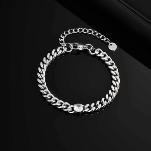 Mens stainless steel Cuban chain bracelet featuring a central round white zircon stone