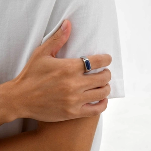 Minimalist Stainless Steel Lapis Lazuli Ring For Men Unisex Polished Oval Blue Natural Stone Band Ring Fashion Commuter Jewelry