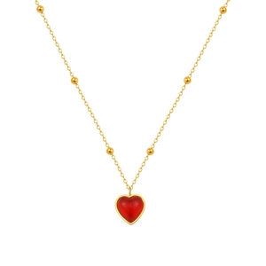 Collier exquis en acier inoxydable doré avec pendentif cœur en résine rouge et billes d'or