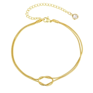 Gold-plated double-layer snake chain anklet with knot design and crystal charm pendant