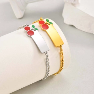 Stainless Steel Cherry ID Bracelet For Kids Girls Engravable Bar Plate Figaro Chain Adjustable Bracelet Cute Fruit Jewelry Gift