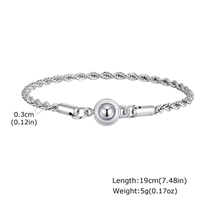 Detail of 0.3cm stainless steel rope chain bracelet with round clasp showing dimensions