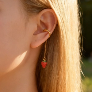 Women's gold strawberry drop ear clip with long chain, non-pierced fruit earring dangle