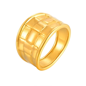 Bague large en acier inoxydable plaqué or 18K avec motif tissé géométrique
