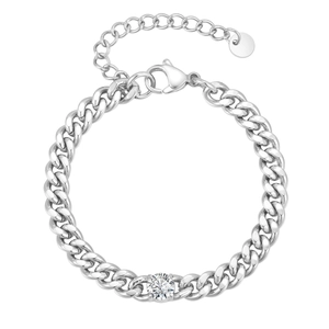 Polished stainless steel Cuban link bracelet for men with a single round white zircon stone