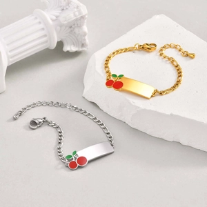 Polished stainless steel kids cherry bracelet with engravable bar and heart charm