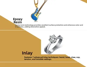 Détails du pendentif guitare en époxy bleu et de la bague solitaire classique