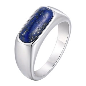 Polished stainless steel oval ring with deep blue lapis lazuli stone inlay for men